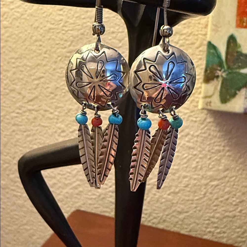 Southwestern Sterling Silver Turquoise and Coral Feather Dangle Earrings